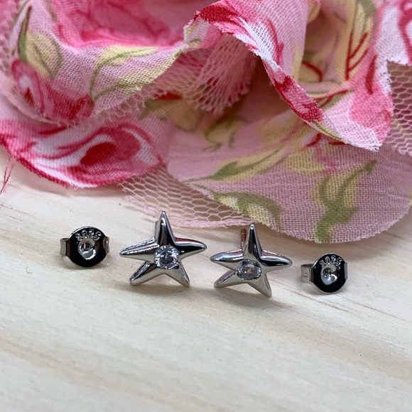 Sterling Silver 925 CZ Star Stud Earrings - Picture 2 of 5